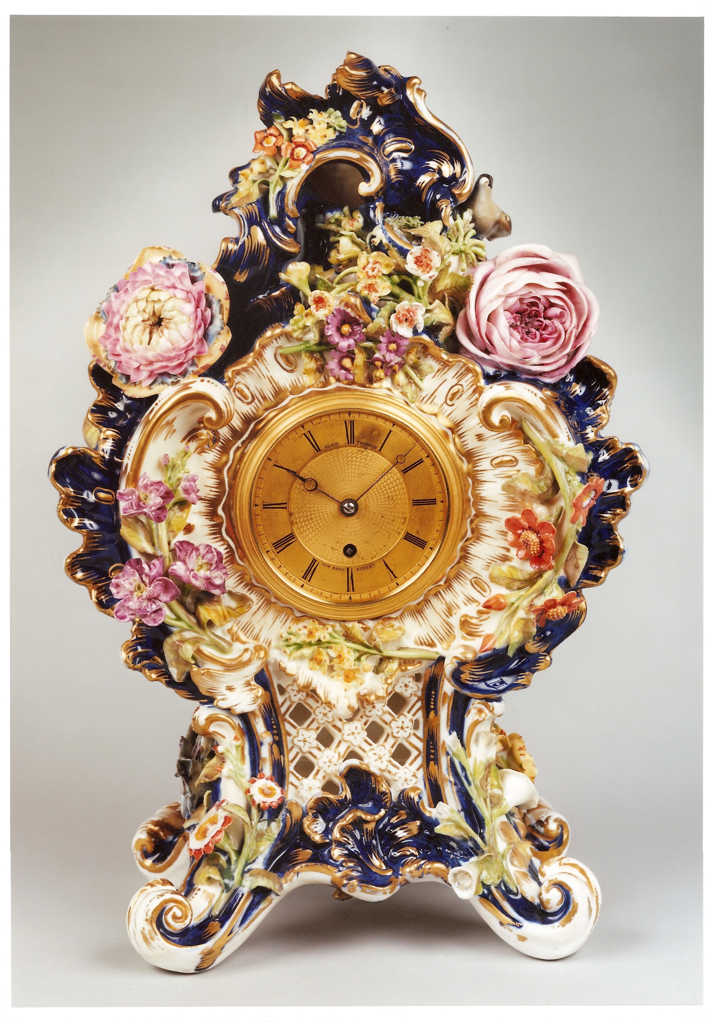 VICTORIAN ANTIQUE PORCELAIN CLOCK BY ADAM THOMSON OF BOND STREET LONDON